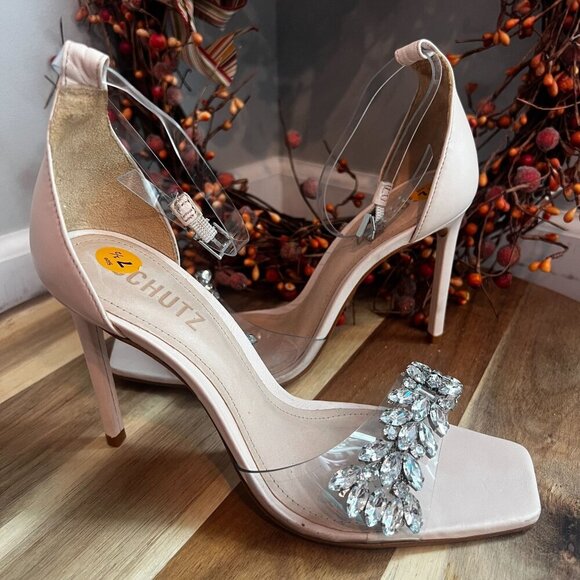 Schutz Vinyl Crystal-Embellished Stiletto Heel Sandal Sz 7.5B Mild Rose Ankle - Picture 1 of 14
